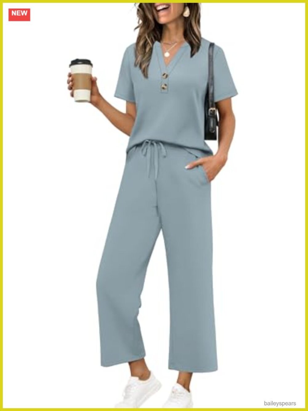Women's 2 Piece Set Button V Neck Top Wide Leg Crop Pants Casual Beach